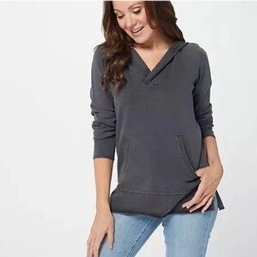 Barefoot Dreams Hoodie Women Small Black Pullover Acid Wash Cotton Knit - Picture 1 of 14